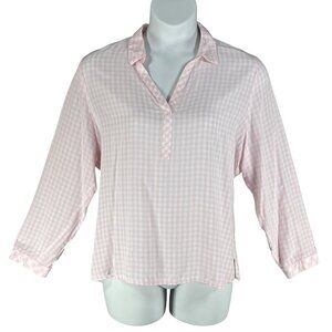 J Jill Womens XL Pink Gingham Popover Blouse Notch Neckline Clean Girl Feminine